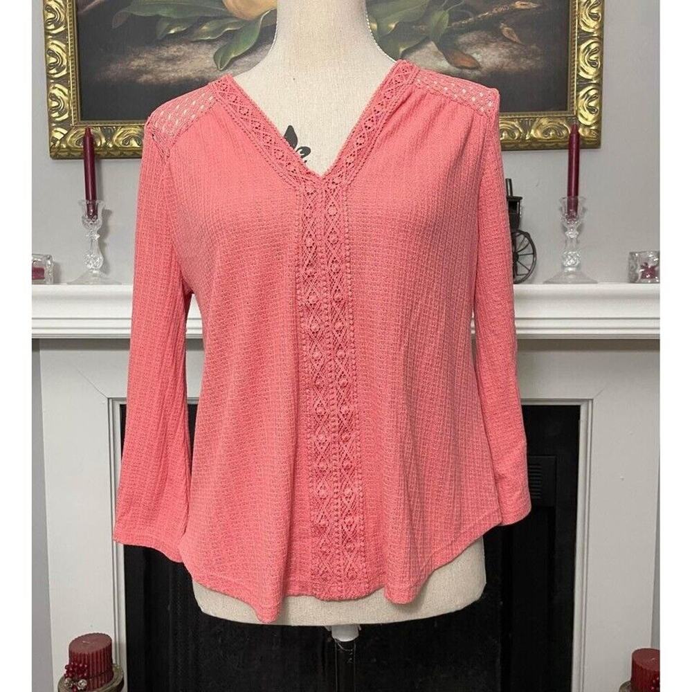 Absolutely Famous Peach Knit Crochet Lace Top Blouse Size Medium